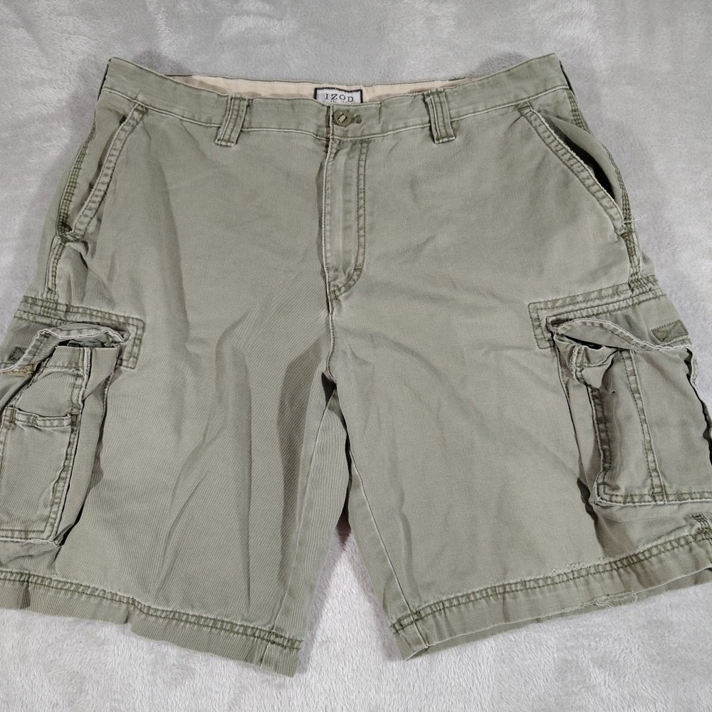 IZOD‎ Cargo Shorts Men 38/10 Olive Outdoor Hiking Comfort Cotton Durable Beach